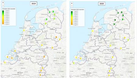 Jaargemiddelde, gekalibreerde NO2 waarden in µg/m3 gemeten met Palmes buisjes in 2019 (links) en 2020 (rechts).