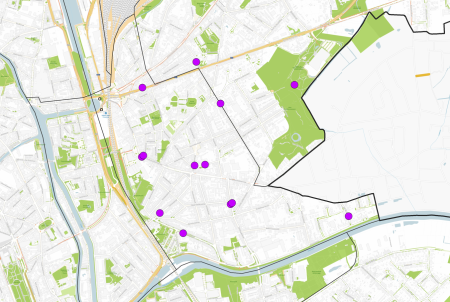 Map of measuring sites Ghent (purple round = NO2 sensor)