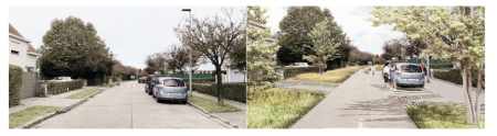 Street in the Vogelkeswijk, current situation (left) designed as a garden street (right)